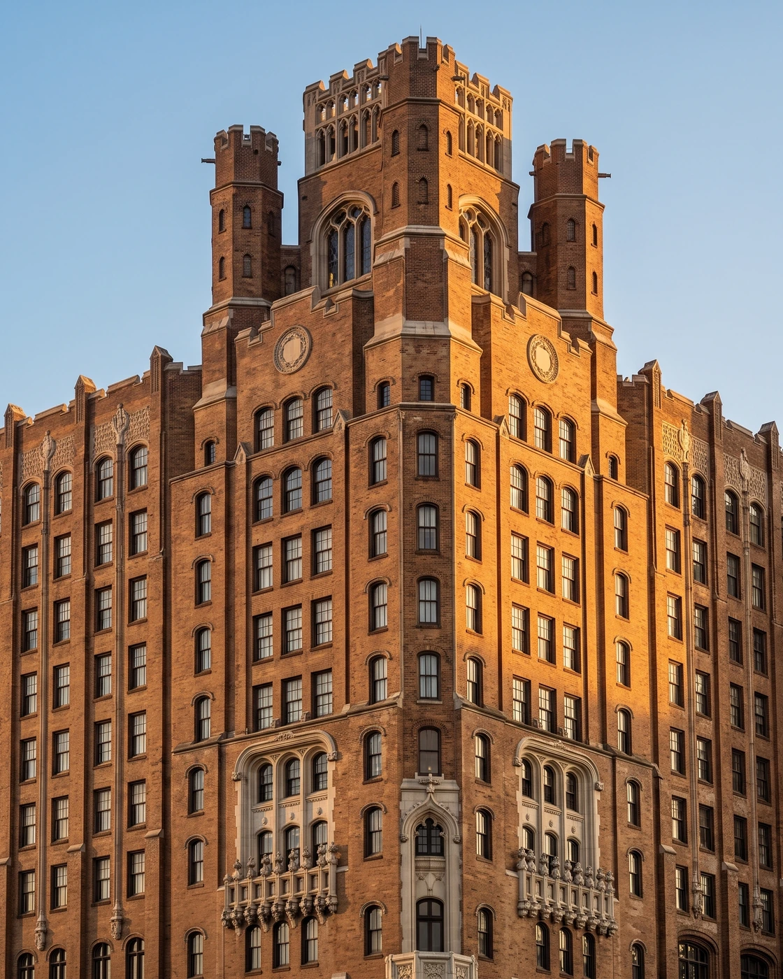 The Tudor Gothic brick tower of the Tudor Arms Hotel at golden hour, a University Circle Cleveland wedding venue