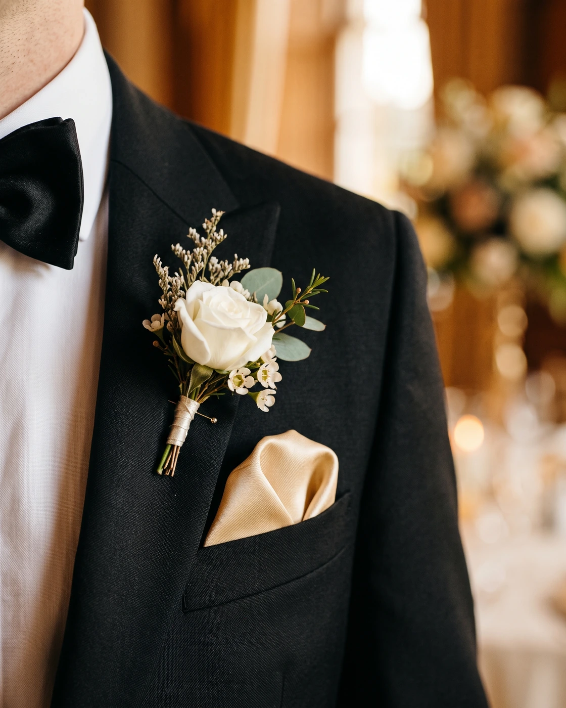 A groom's boutonniere and gold pocket square, Tudor Arms Hotel Cleveland wedding photographer
